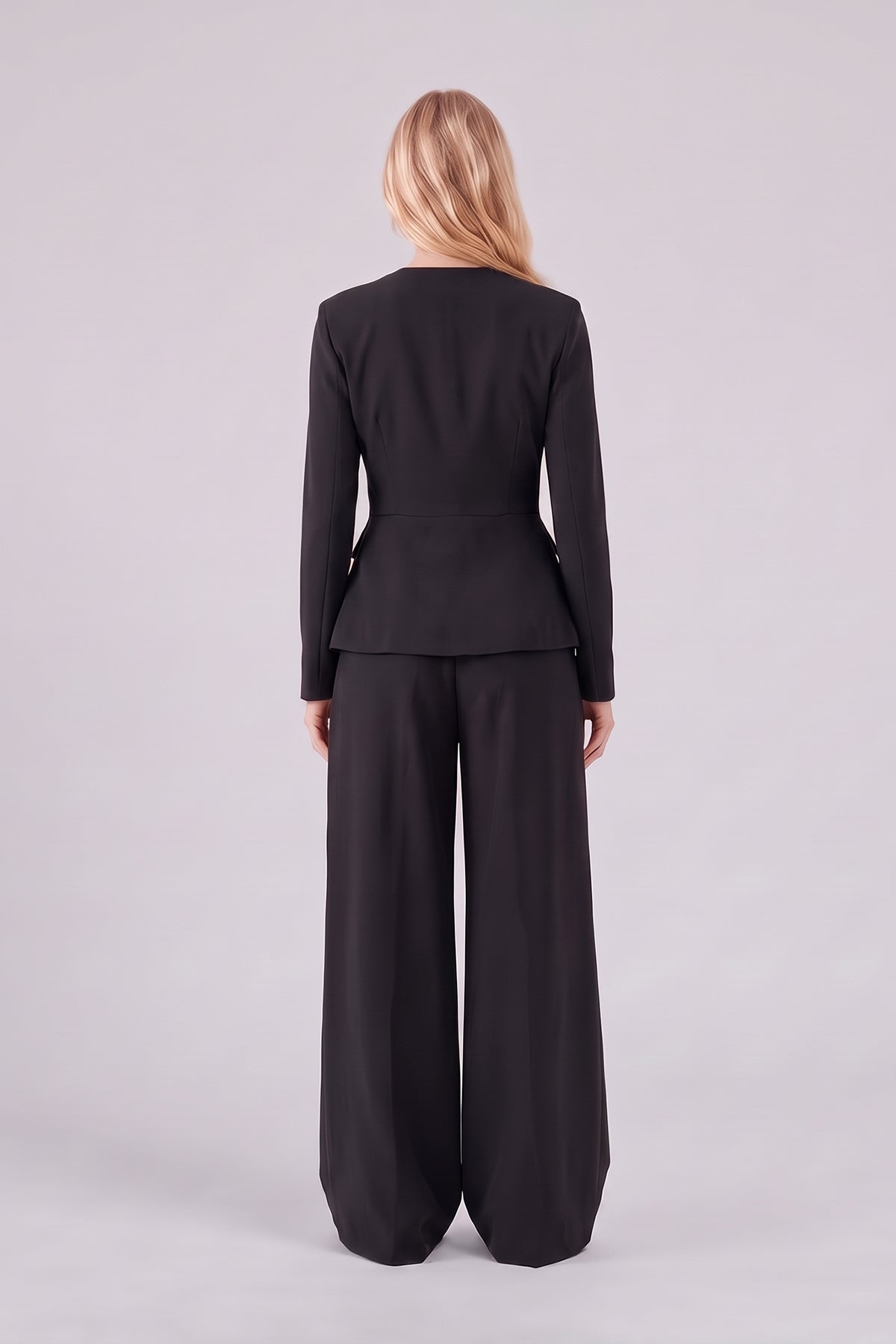 Black Set with Structured Peplum Blazer and Pleated Wide-Leg Trousers