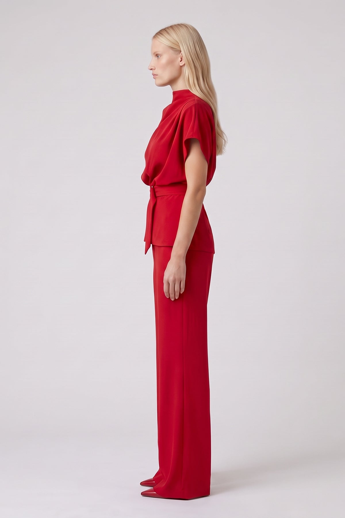 Red Set with Draped Top, Defined Waist and Wide-Leg Trousers