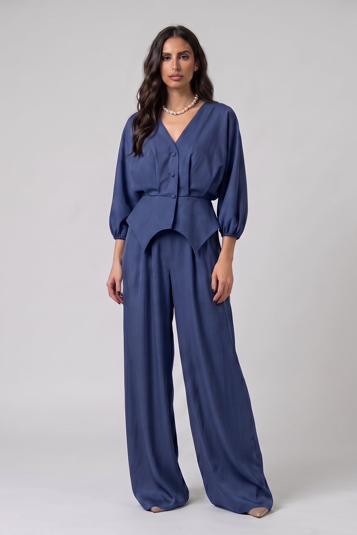 Denim Structured Top & Wide-Leg Trousers Set - Dark Blue