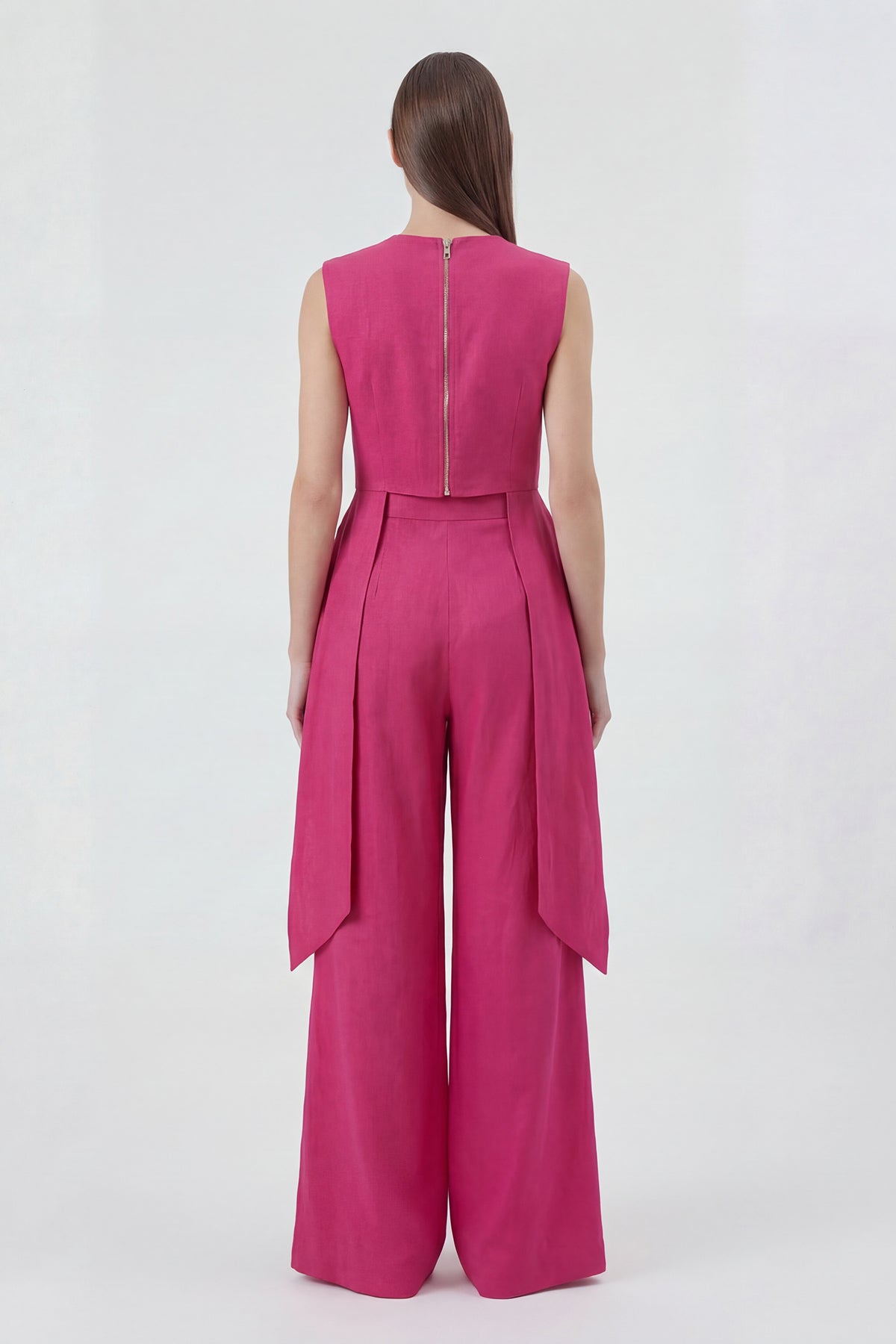 Fuchsia Linen Peplum Top & Wide-Leg Trousers Set