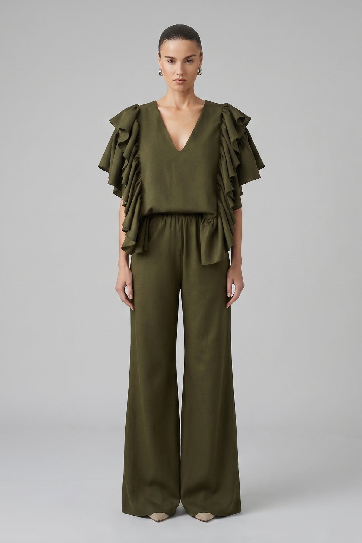 Olive linen set with ruffle top, V-neckline and flared pants