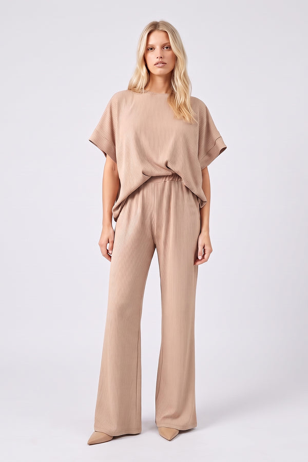 Set din tricot reiat cu top oversized și pantaloni wide leg – Beige