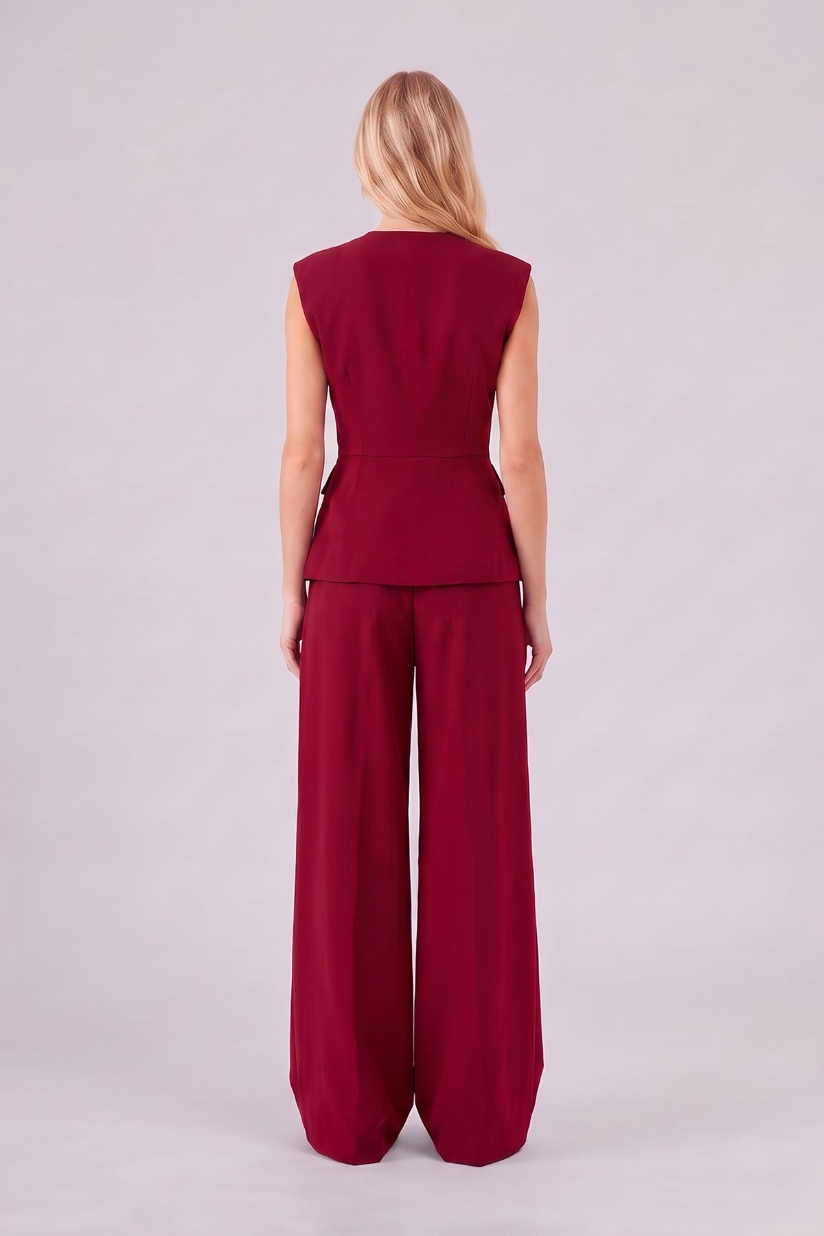 Red Set with Structured Peplum Vest and Pleated Wide-Leg Trousers