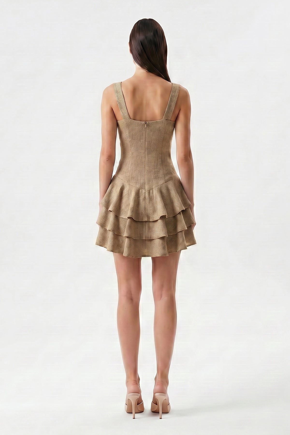 Greige linen mini dress with fitted silhouette and layered ruffle skirt