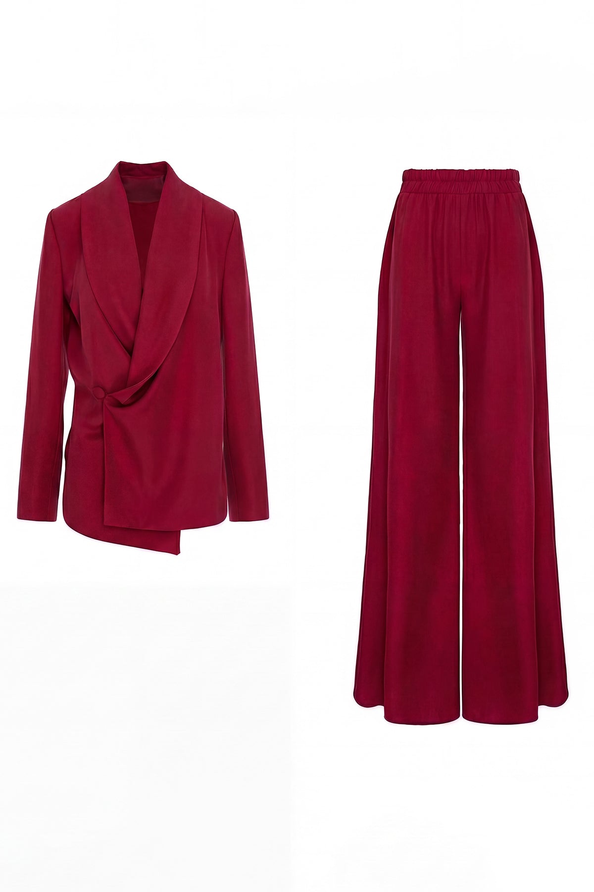 Set rosu inchis cu sacou petrecut și pantaloni flared