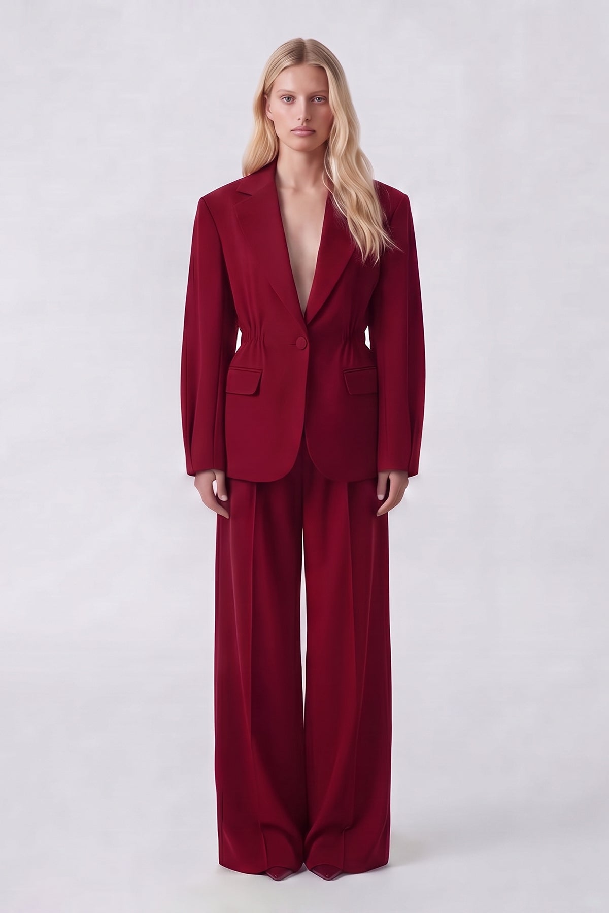 Costum rosu inchis cu sacou cu accent în talie și pantaloni largi