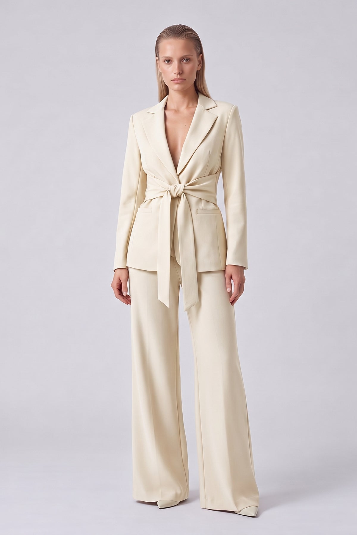 Butter-cream Suit with Belted Blazer and Wide-Leg Trousers