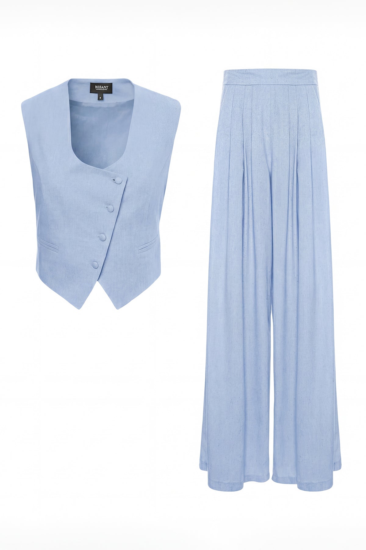Blue Linen Set with Fitted Vest and Wide-Leg Trousers