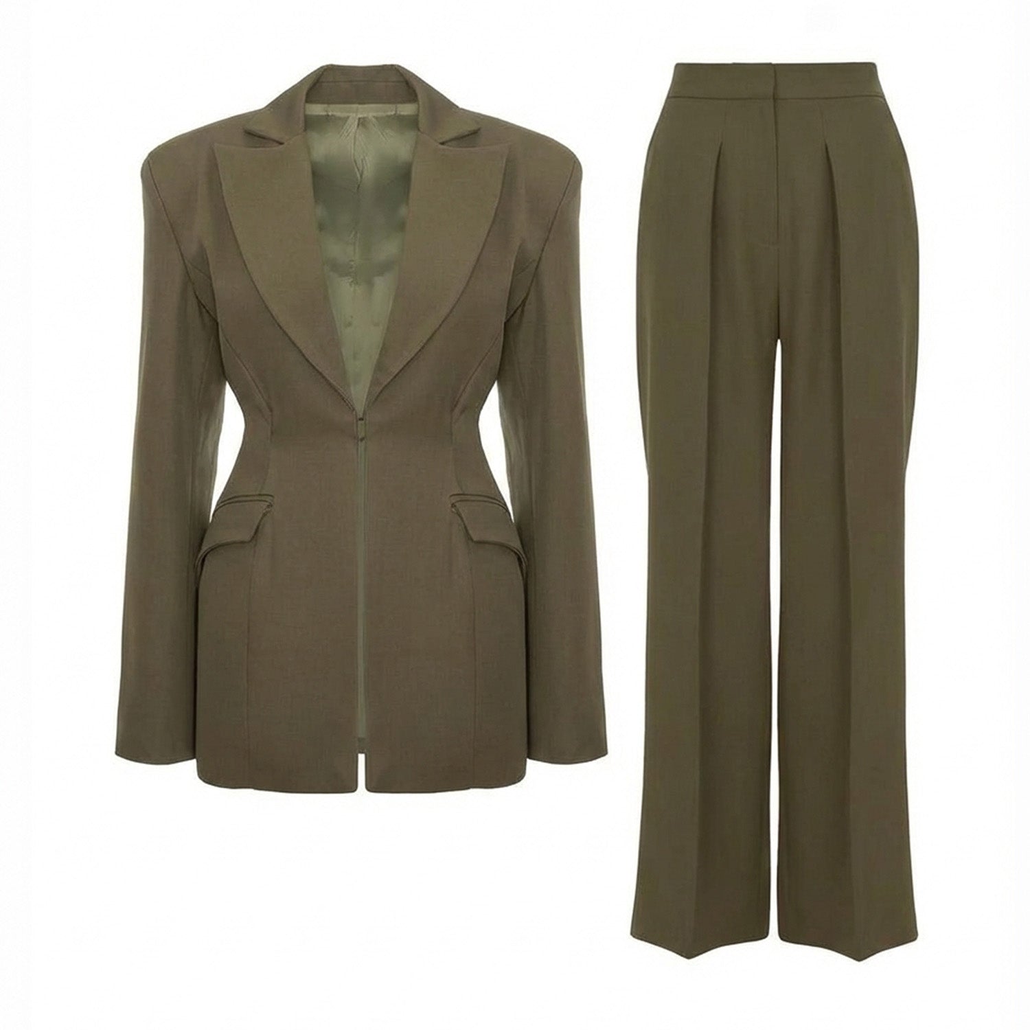 Khaki Suit with Balloon Blazer and wide leg trousers