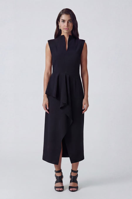 Rochie midi neagra cu design asimetric și volan decorativ