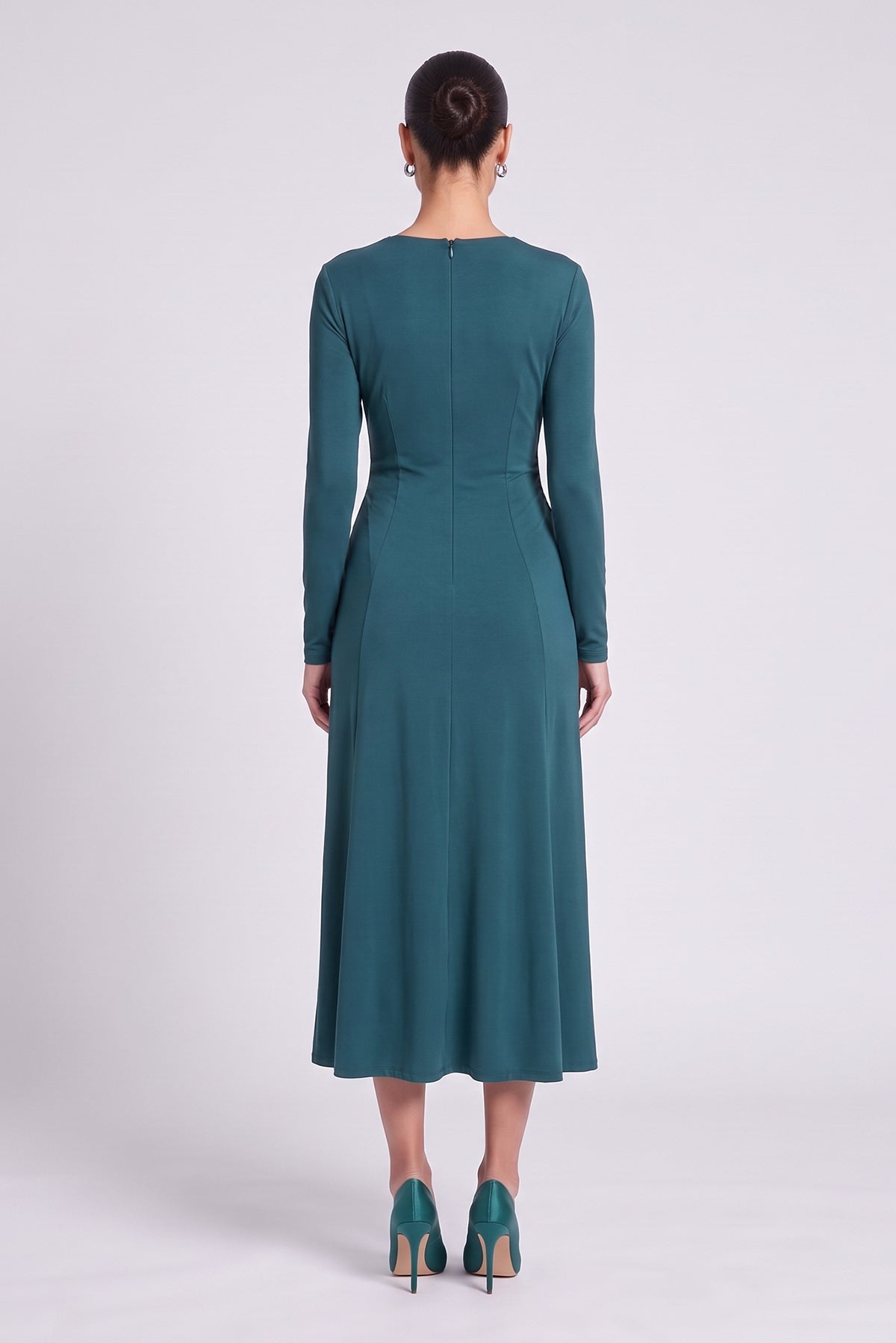 Turquoise Midi Dress with Asymmetric Neckline and Side Draping