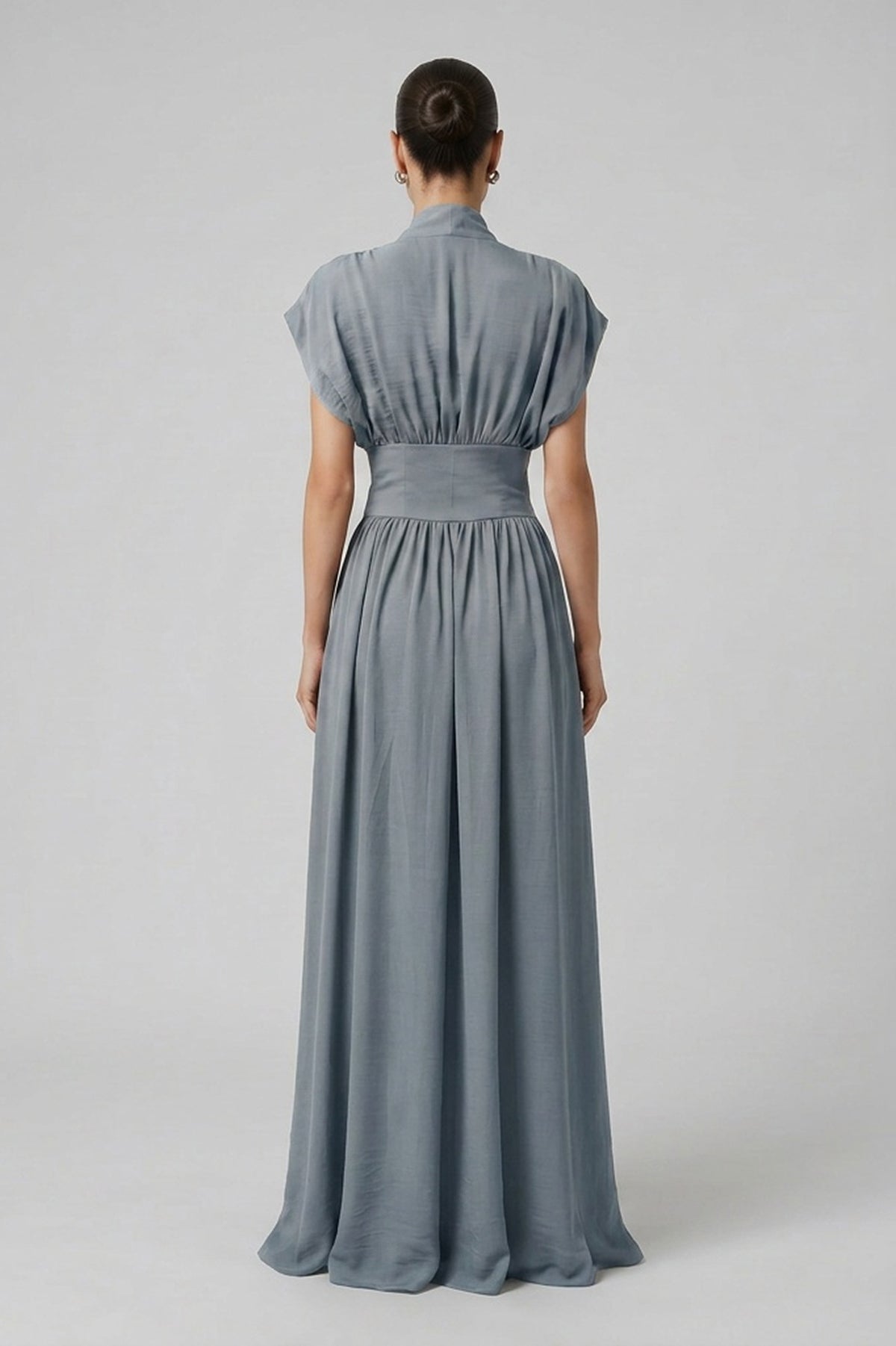 Grey-Blue Maxi Dress with Defined Waist and Side Slit