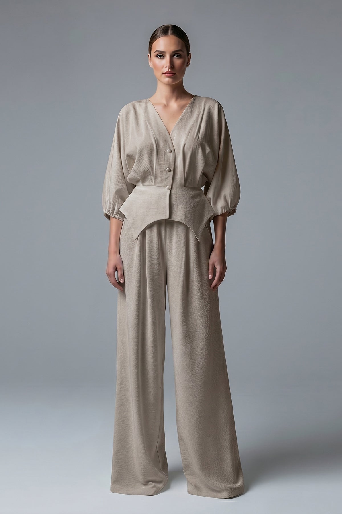 Beige set with structured top and wide-leg trousers