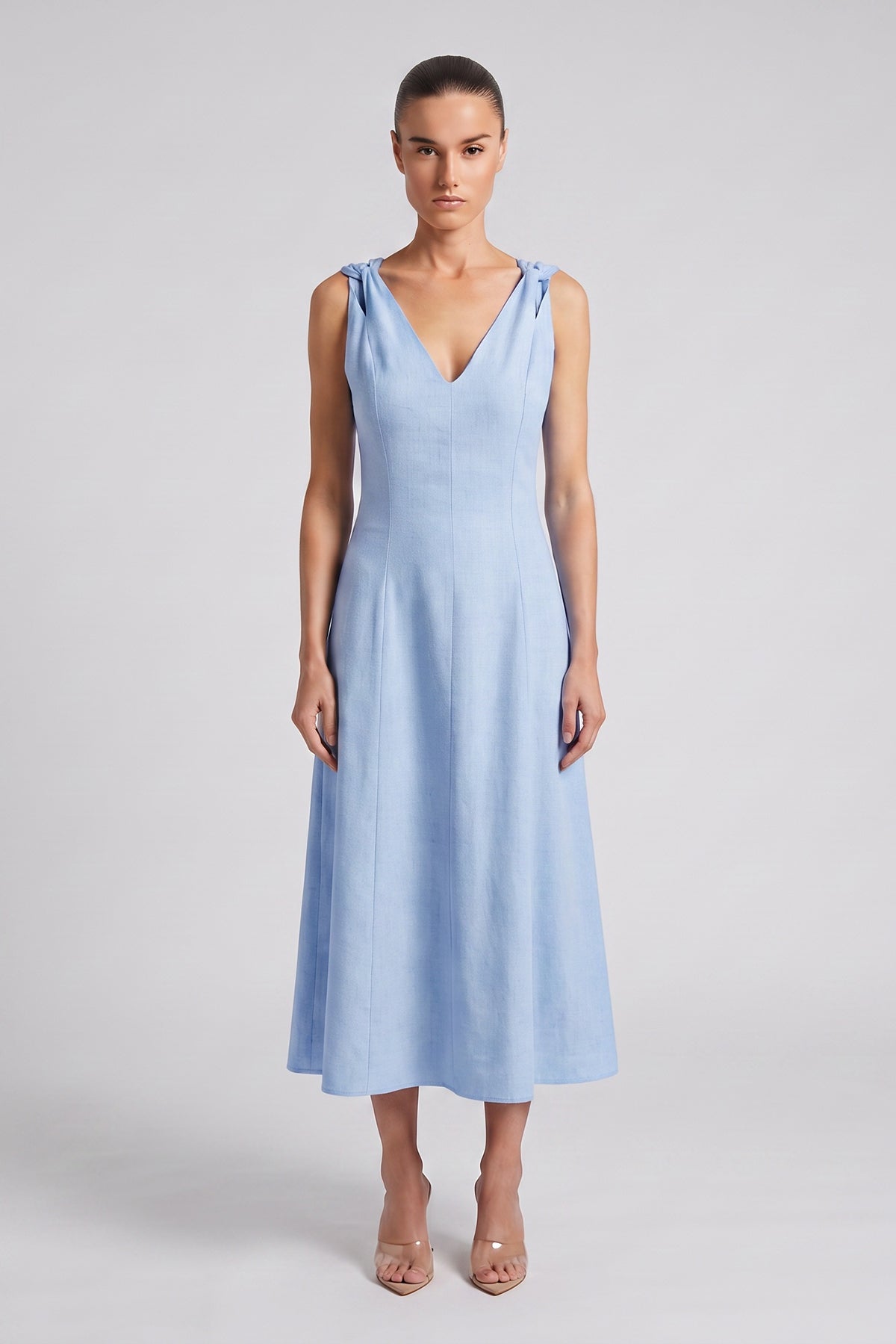 Ocean Blue Linen Midi Dress with V-Neck and Knotted Straps