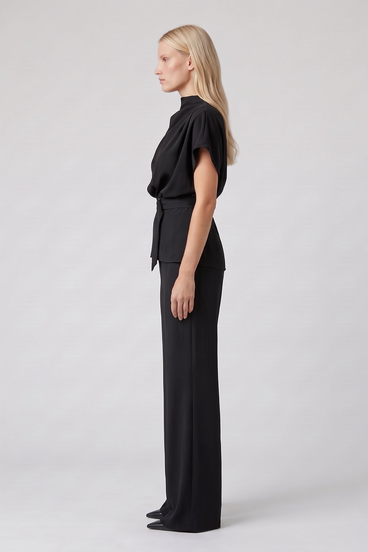 Black Set with Draped Top, Defined Waist and Wide-Leg Trousers
