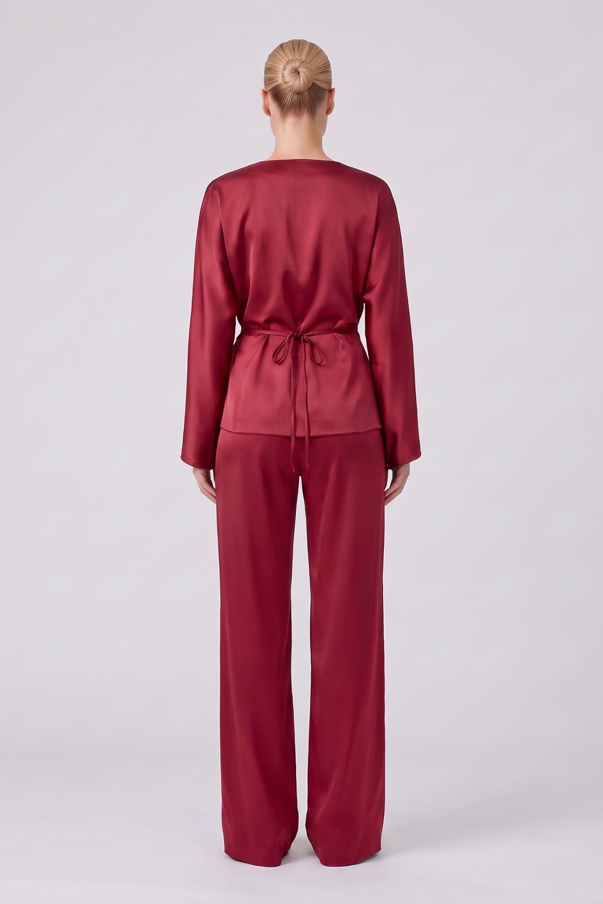 Red Satin Draped Top & Wide-Leg Trousers Set