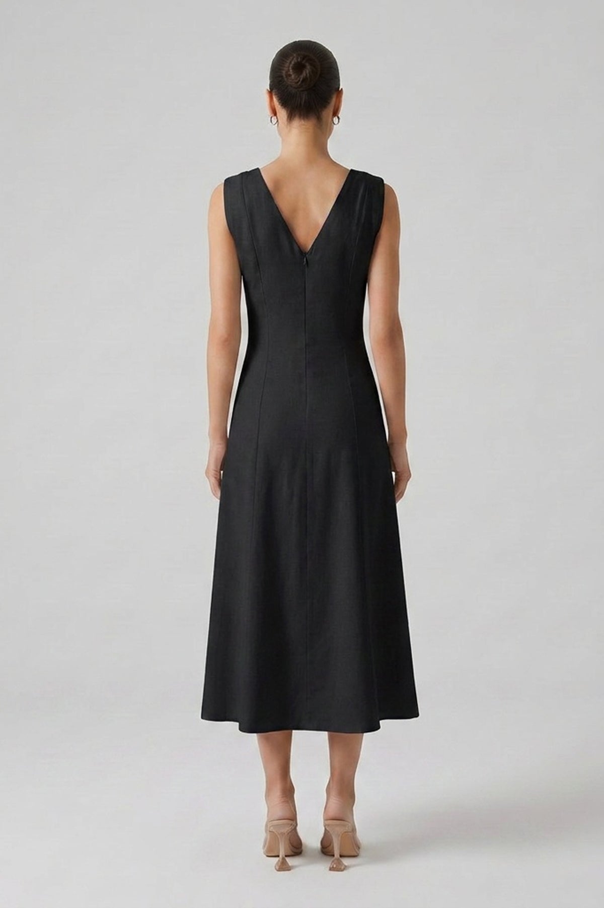 Black Linen Midi Dress with V-Neck and Knotted Straps