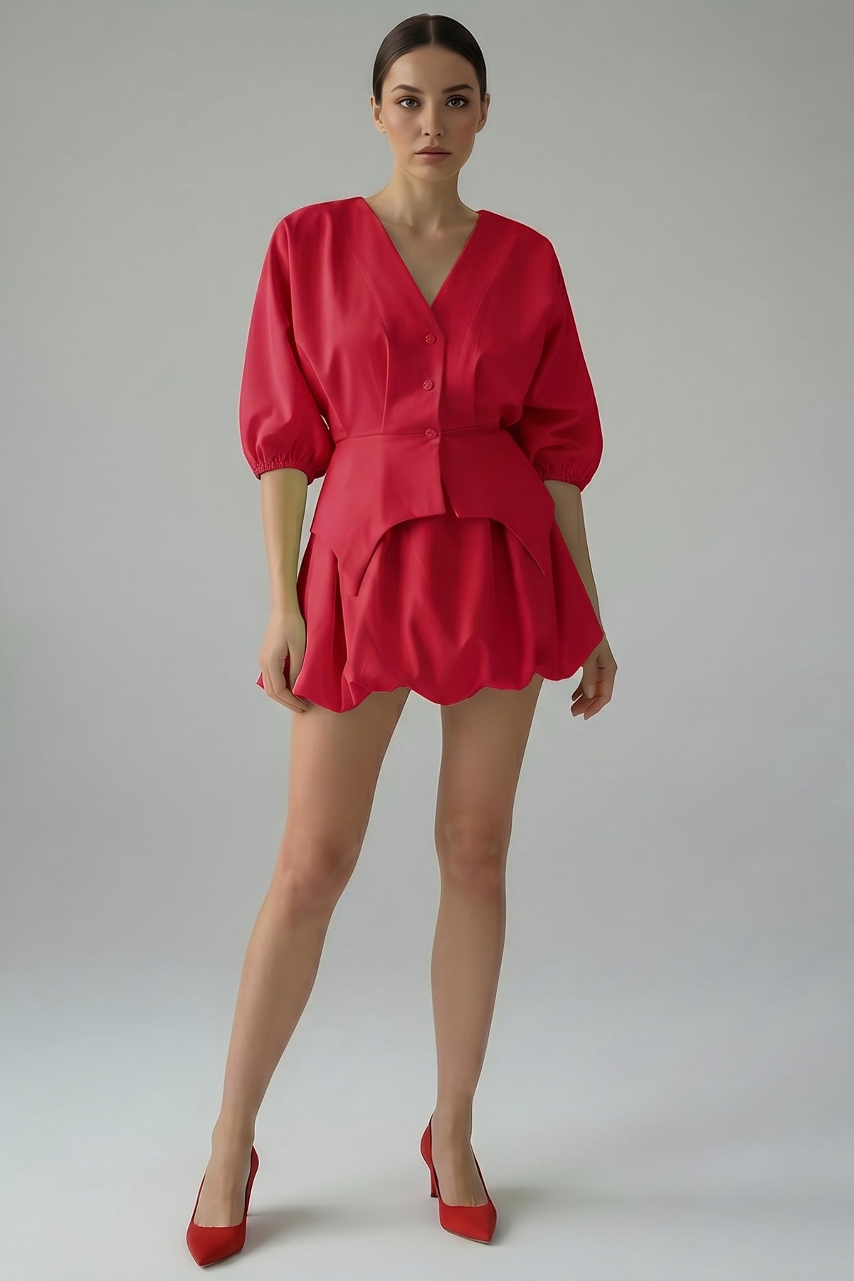 Red set with structured top and balloon mini skirt