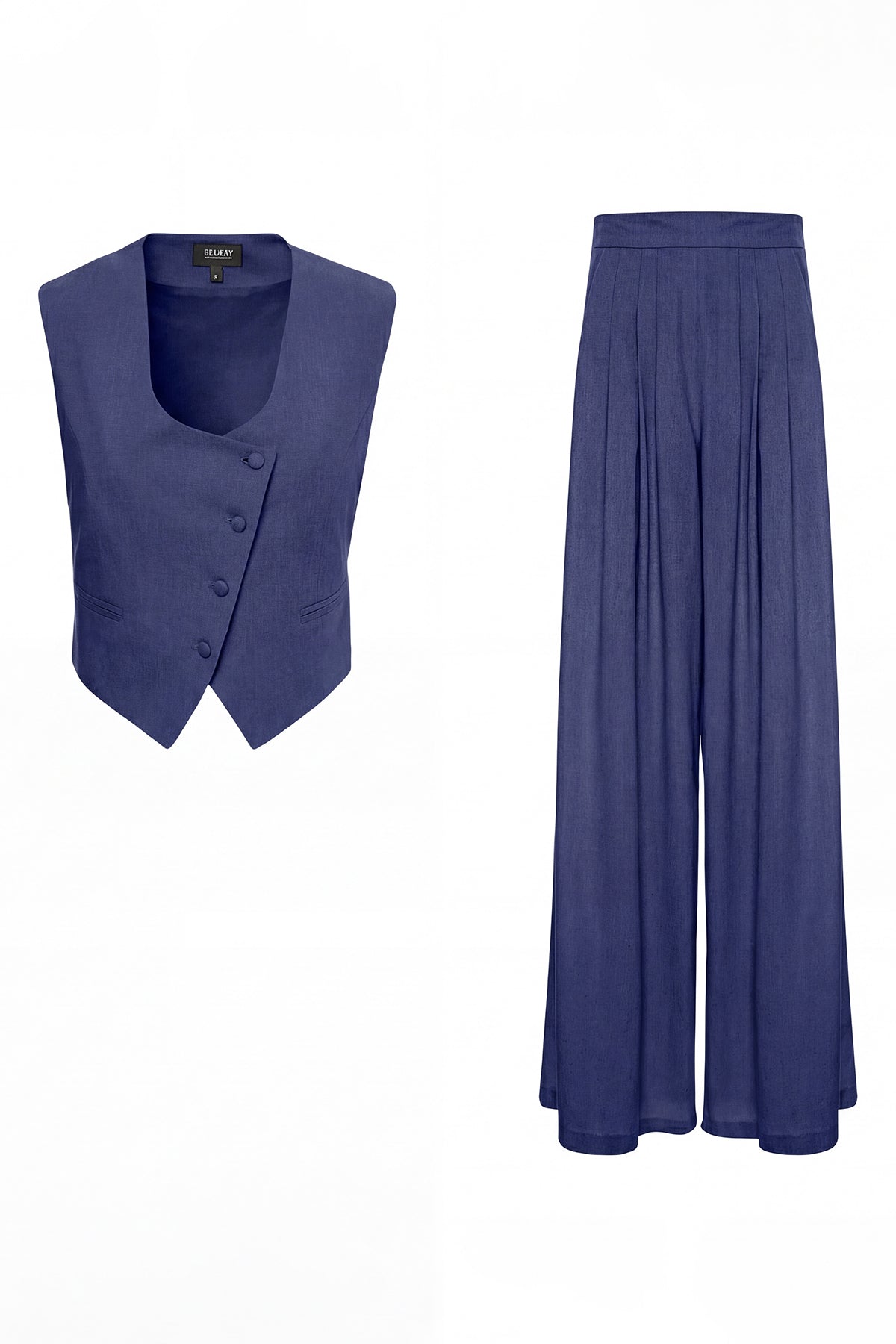 Navy Linen Set with Fitted Vest and Wide-Leg Trousers