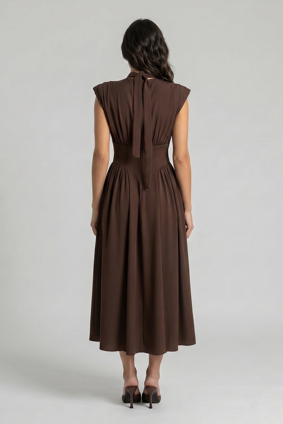 Brown midi dress with corset-style waist in fluid viscose fabric