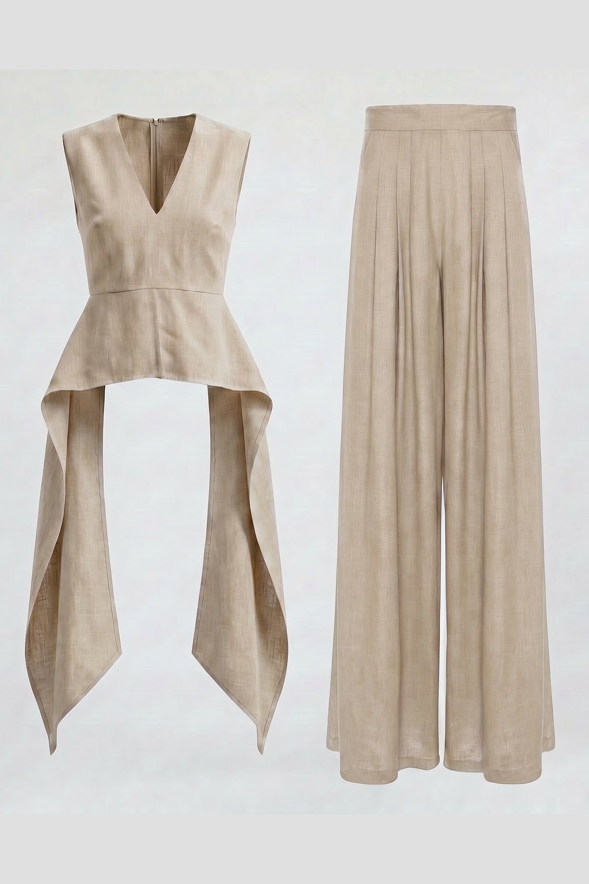 Cream Linen Peplum Top & Wide-Leg Trousers Set