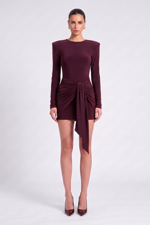 Burgundy Draped Mini Dress with Scarf Details