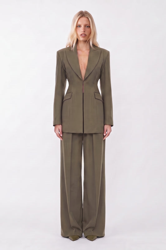 Khaki Suit with Balloon Blazer and wide leg trousers