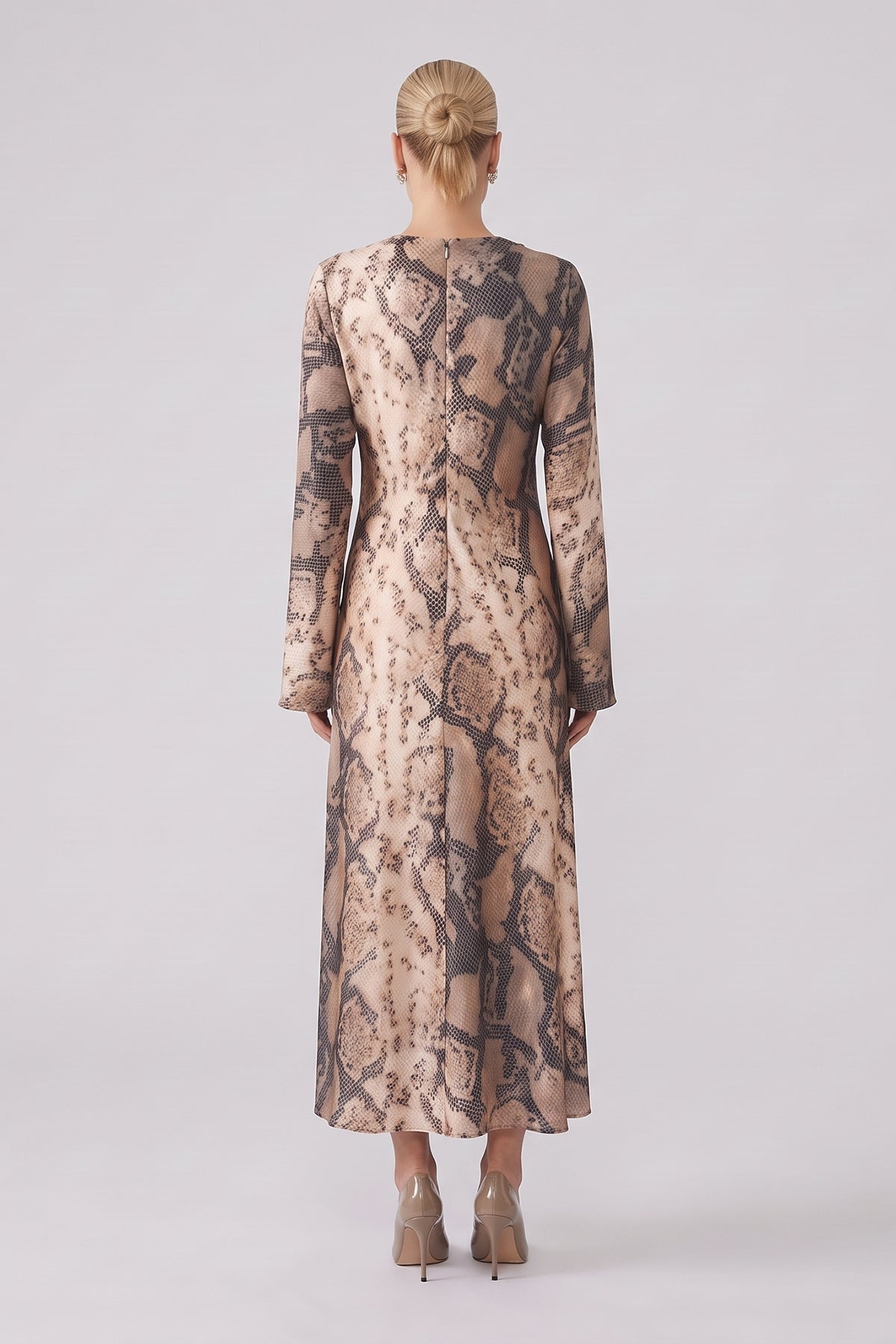 Snake Print Midi Dress with Flared Sleeves
