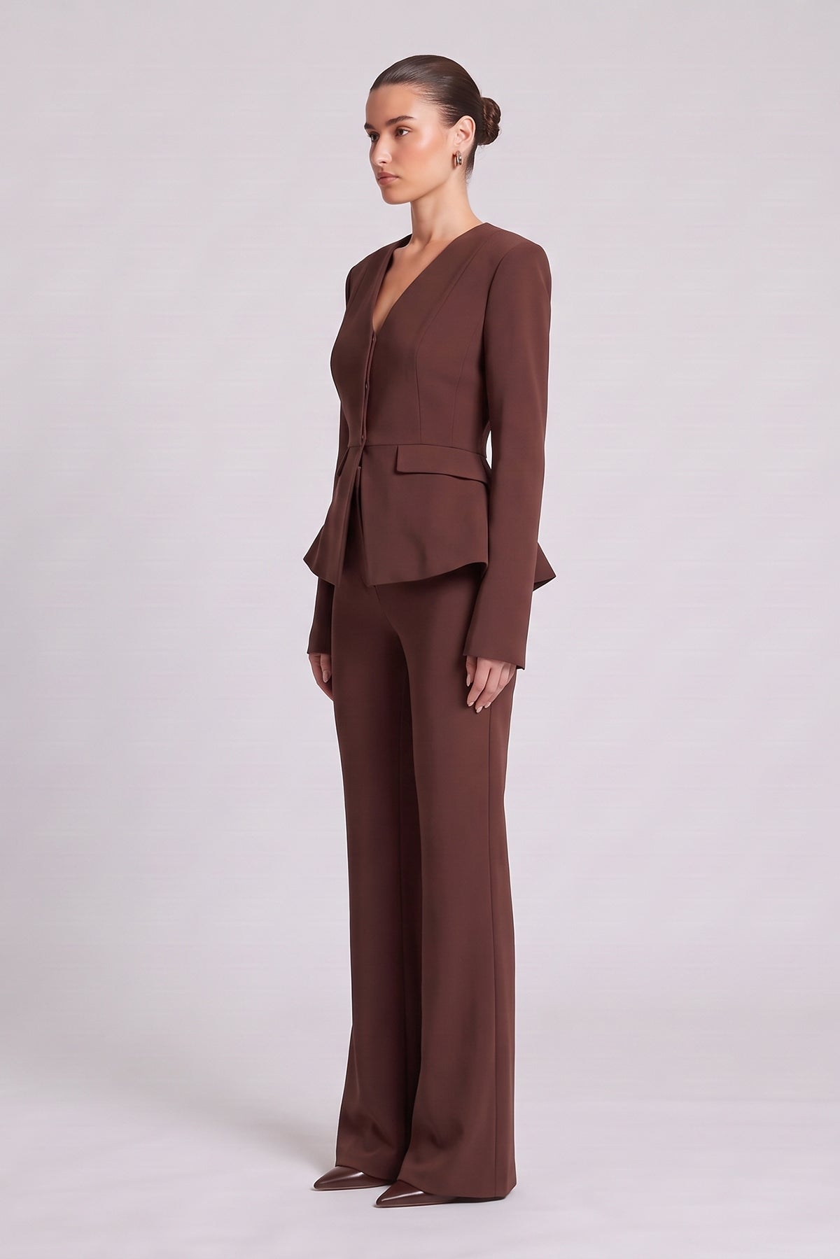Brown Set with Structured Peplum Blazer and Flared Trousers