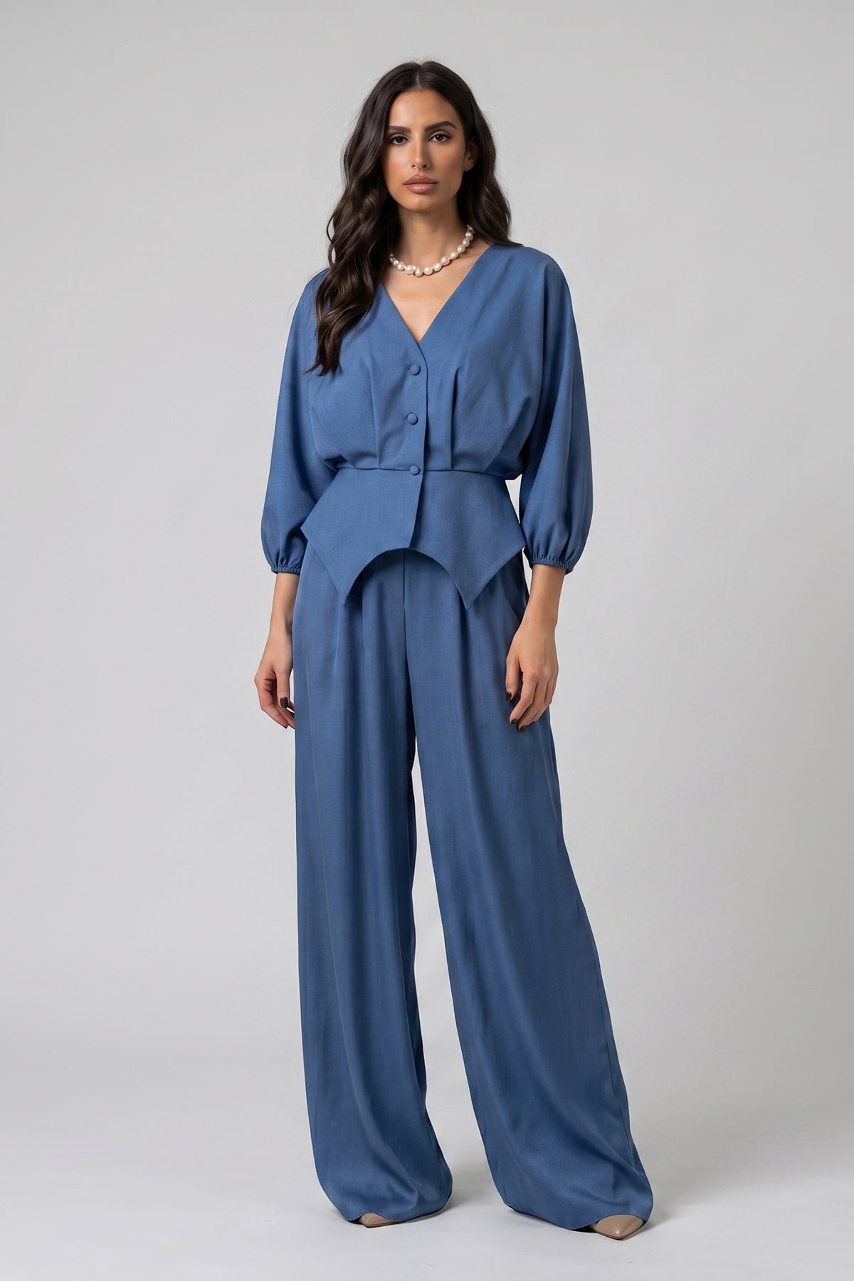 Denim Structured Top & Wide-Leg Trousers Set