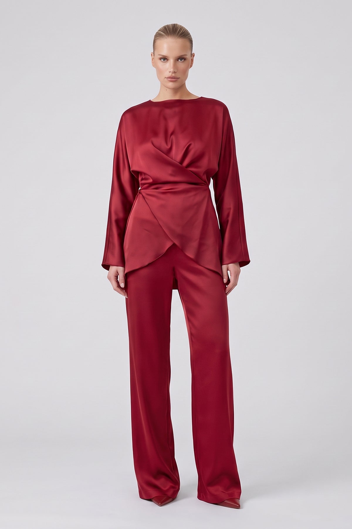 Red Satin Draped Top & Wide-Leg Trousers Set