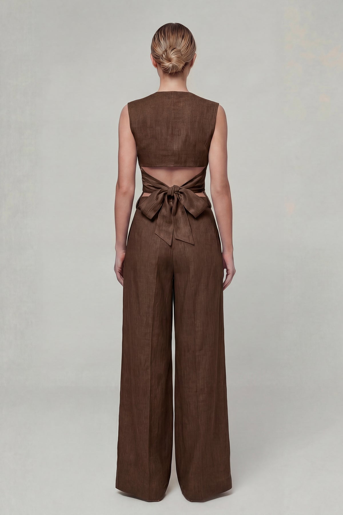 Brown Linen Set with Fitted Vest and Wide-Leg Trousers