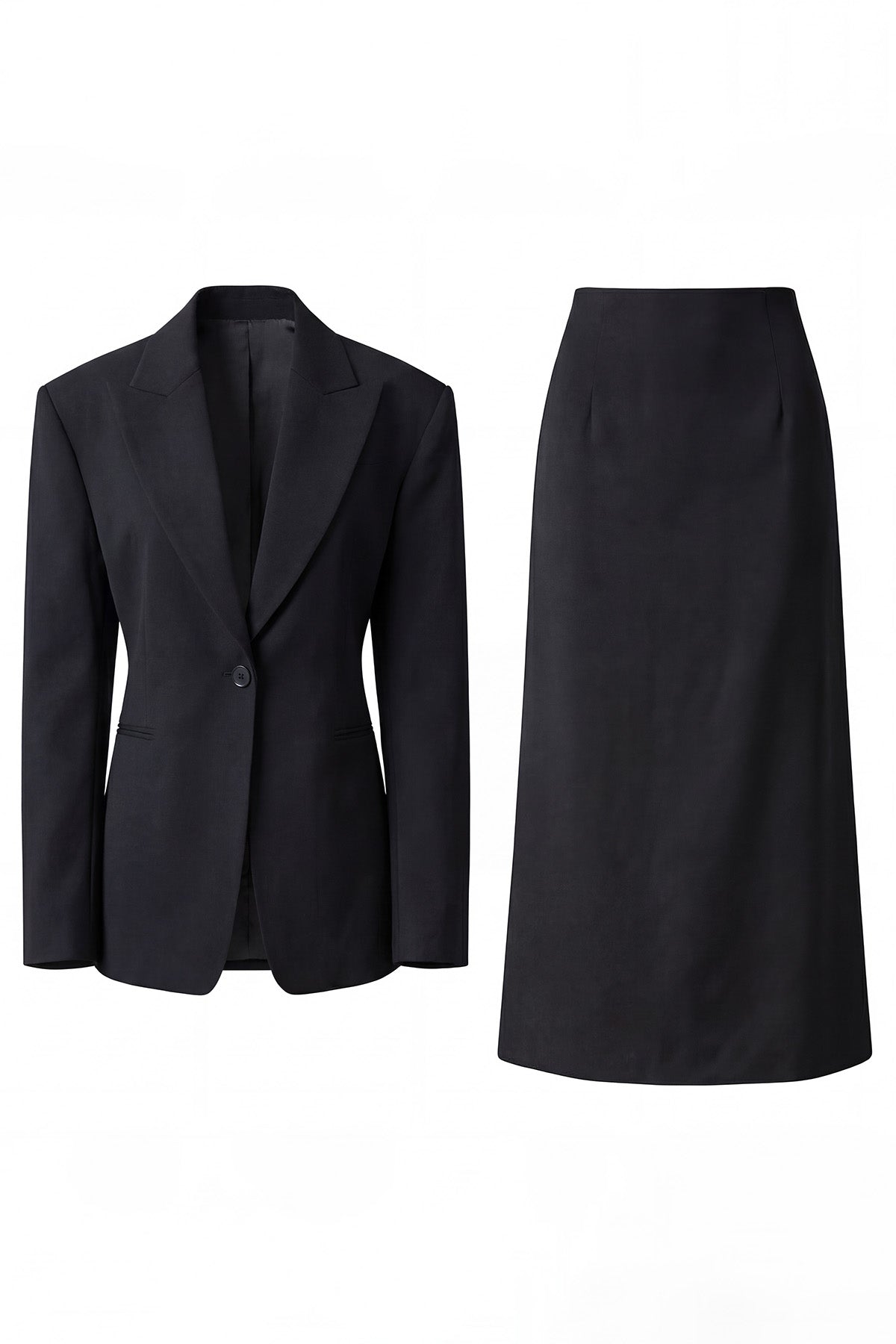 Costum negru cu sacou cambrat și fustă midi