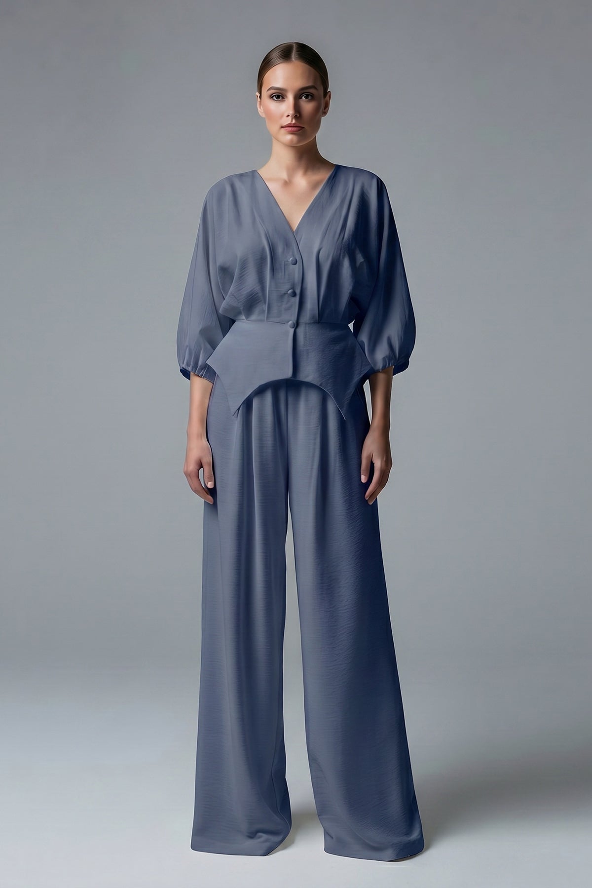 Navy set with structured top and wide-leg trousers