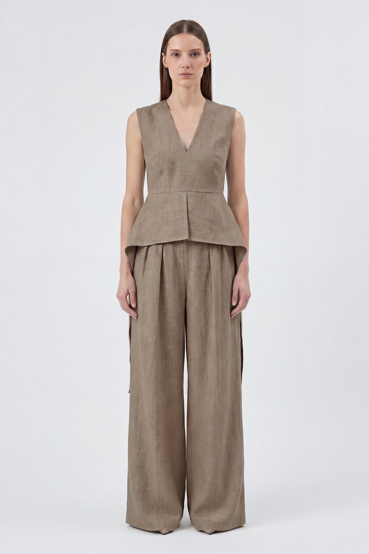 Grey Linen Peplum Top & Wide-Leg Trousers Set