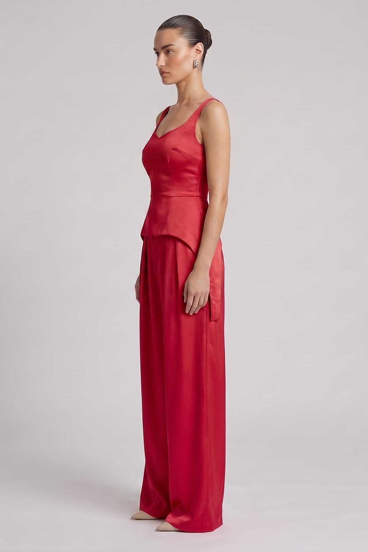 Red Elegant Satin Set with Corset and Wide-Leg Trousers