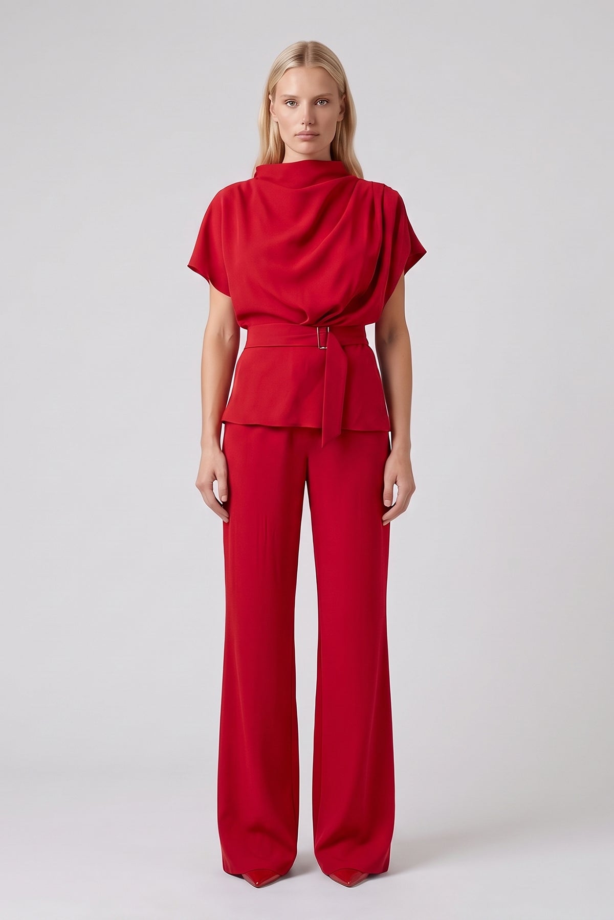 Red Set with Draped Top, Defined Waist and Wide-Leg Trousers