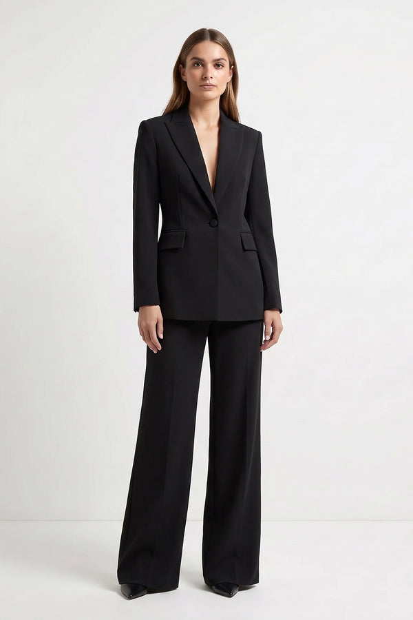 Costum Negru Elegant cu Sacou Cambrat și Pantaloni Fluizi din Amestec de Vâscoză