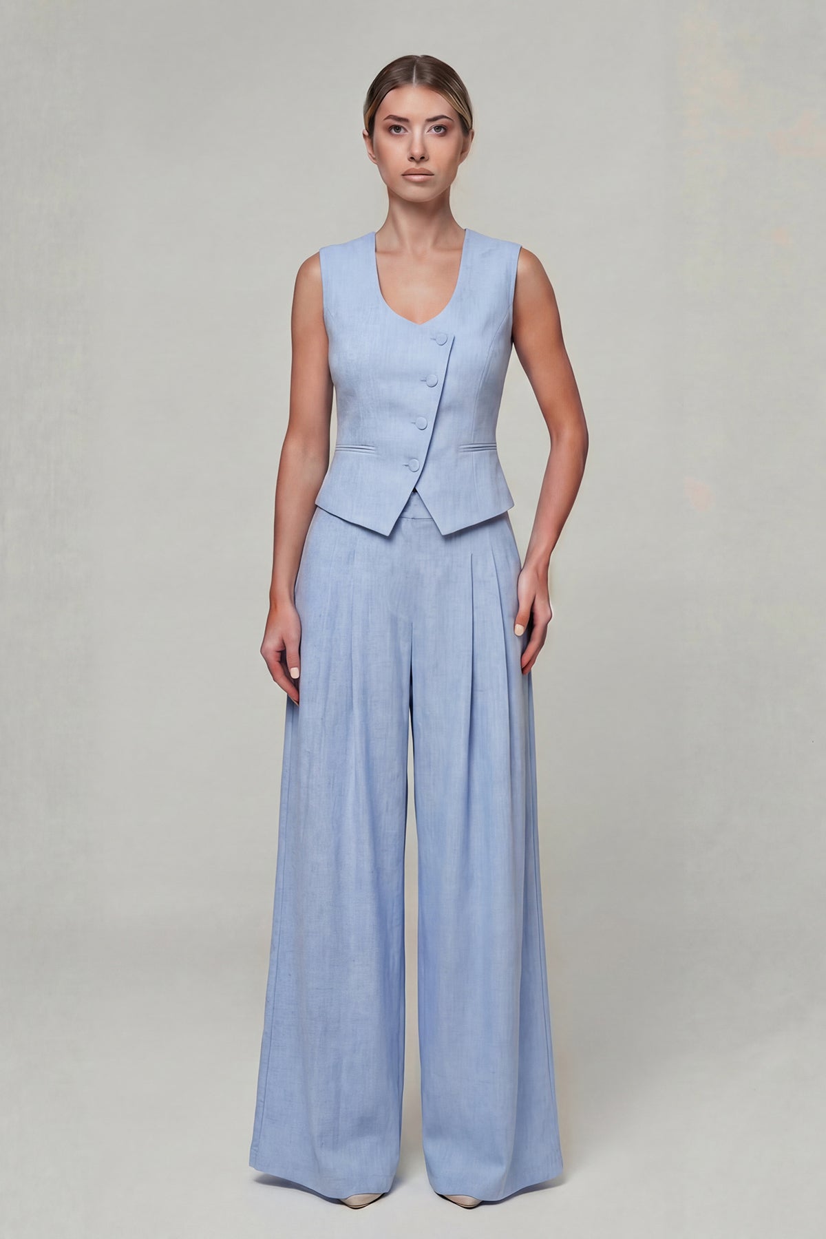 Blue Linen Set with Fitted Vest and Wide-Leg Trousers