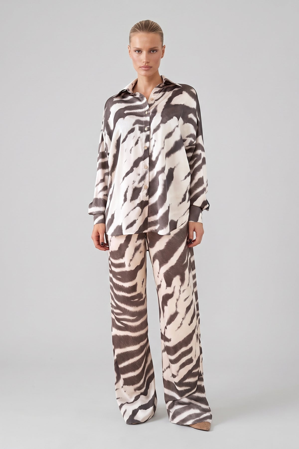 Ivory & Taupe Zebra Print Satin Set – Shirt & Wide Leg Pants