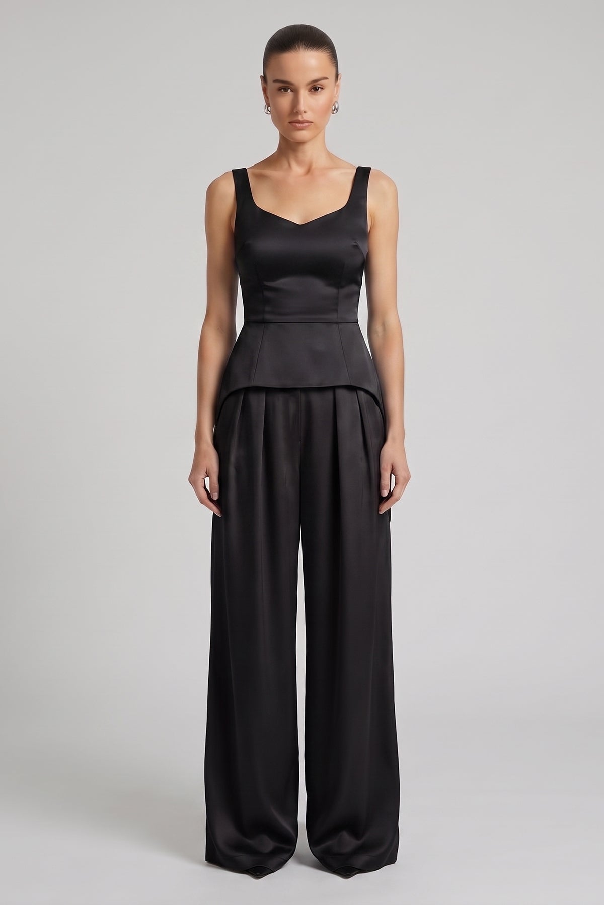 Black Elegant Satin Set with Corset and Wide-Leg Trousers