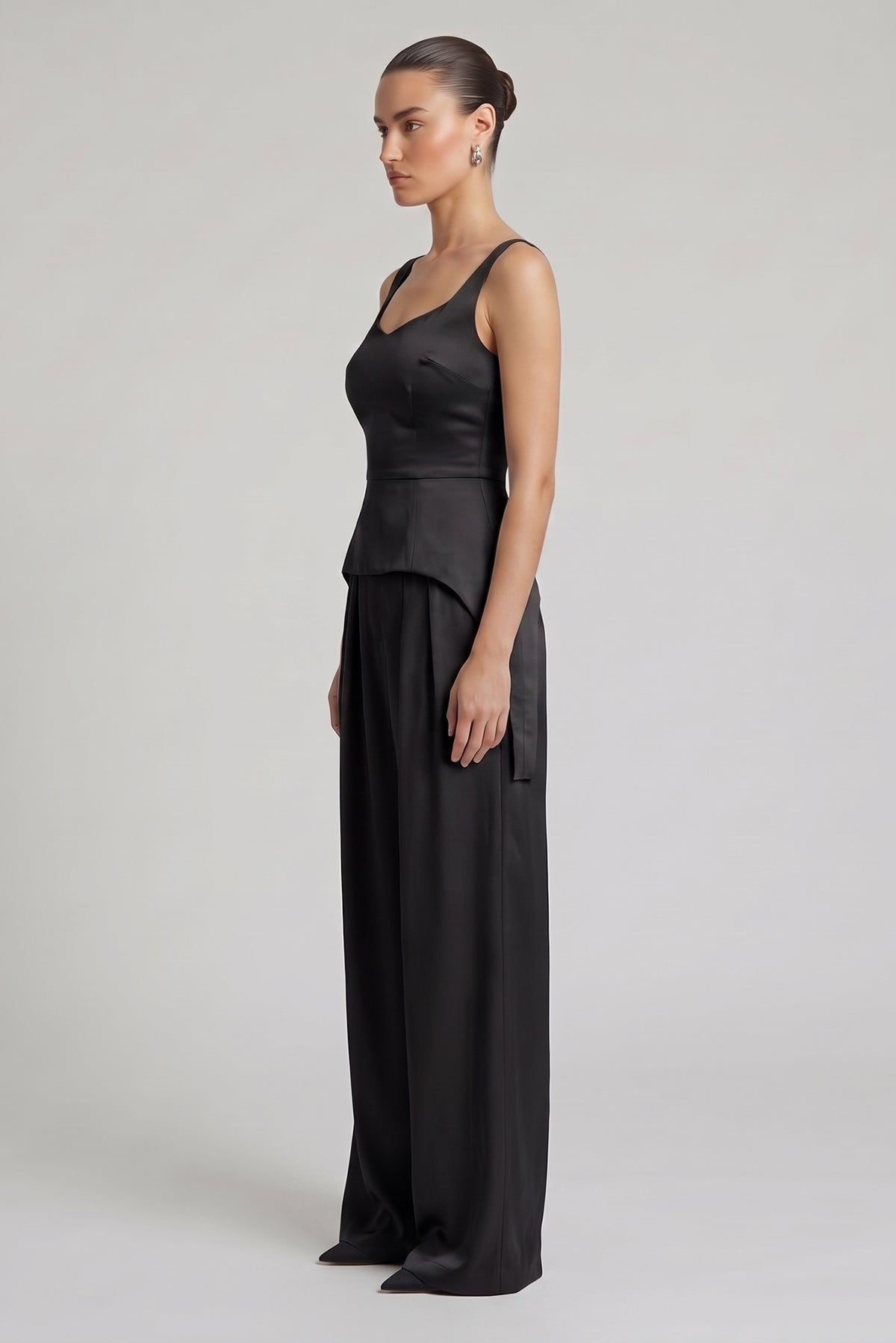 Black Elegant Satin Set with Corset and Wide-Leg Trousers