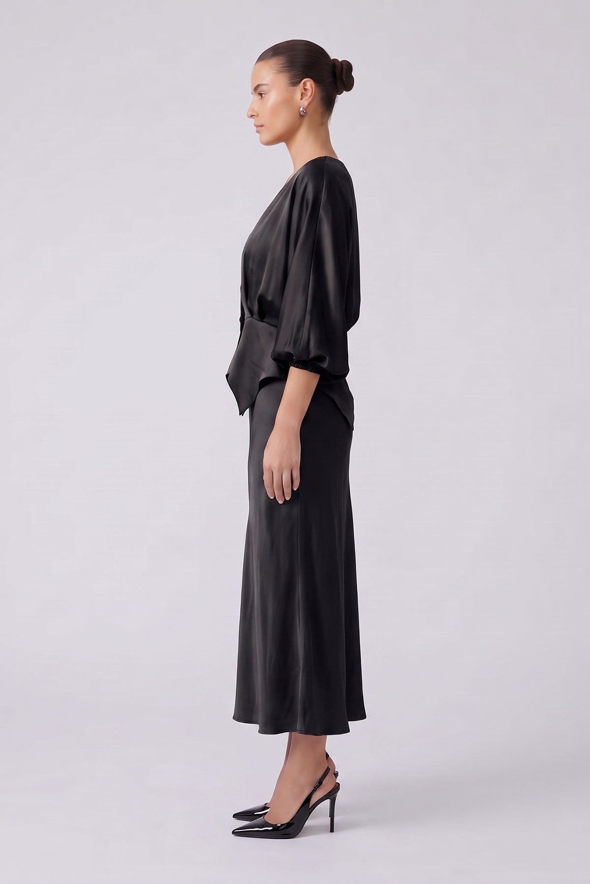 Black Satin Viscose Peplum Blouse & Midi Skirt Set