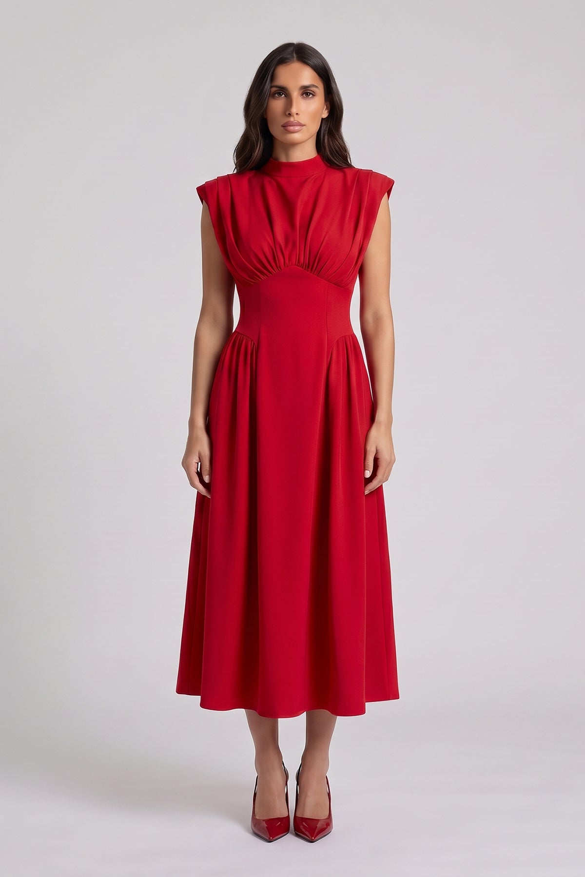 Red midi dress with corset-style waist in fluid viscose fabric