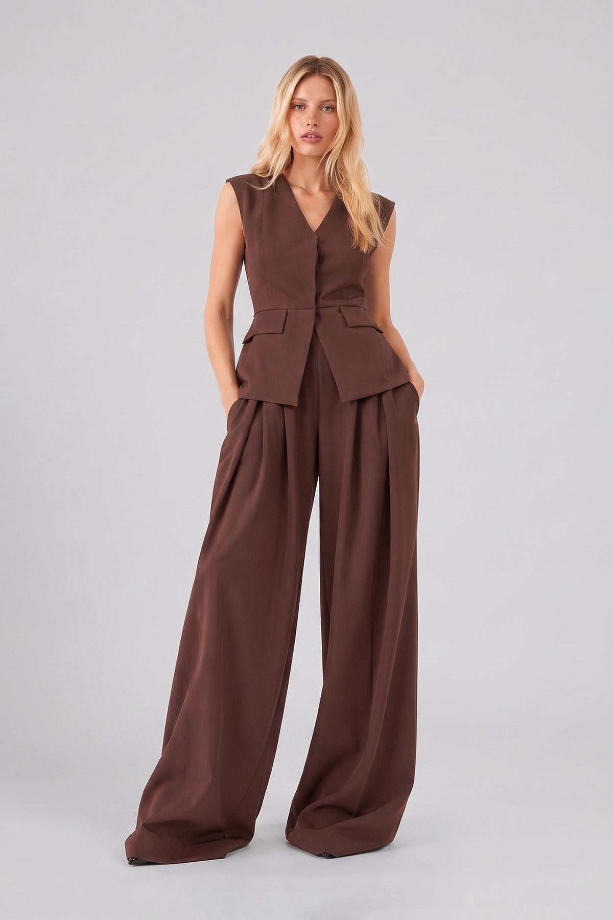 Brown Set with Structured Peplum Vest and Pleated Wide-Leg Trousers