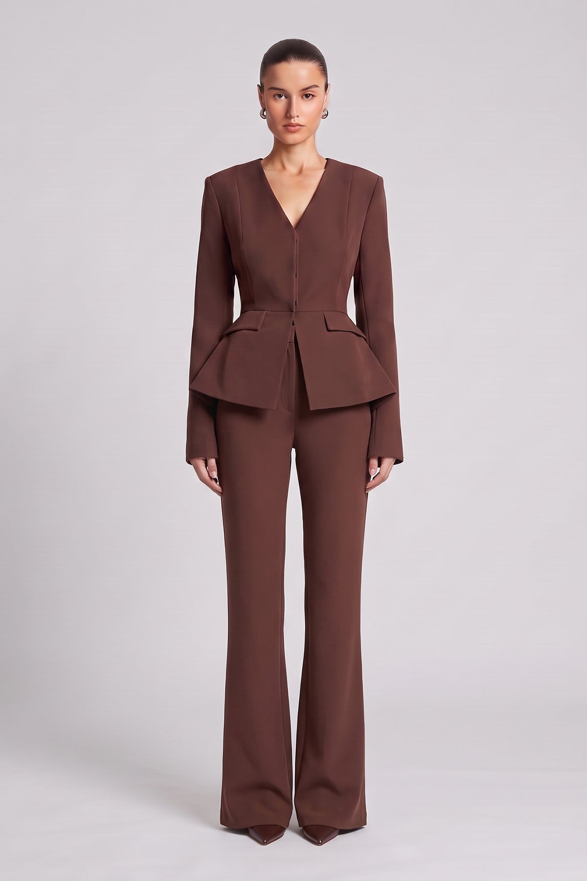 Brown Set with Structured Peplum Blazer and Flared Trousers