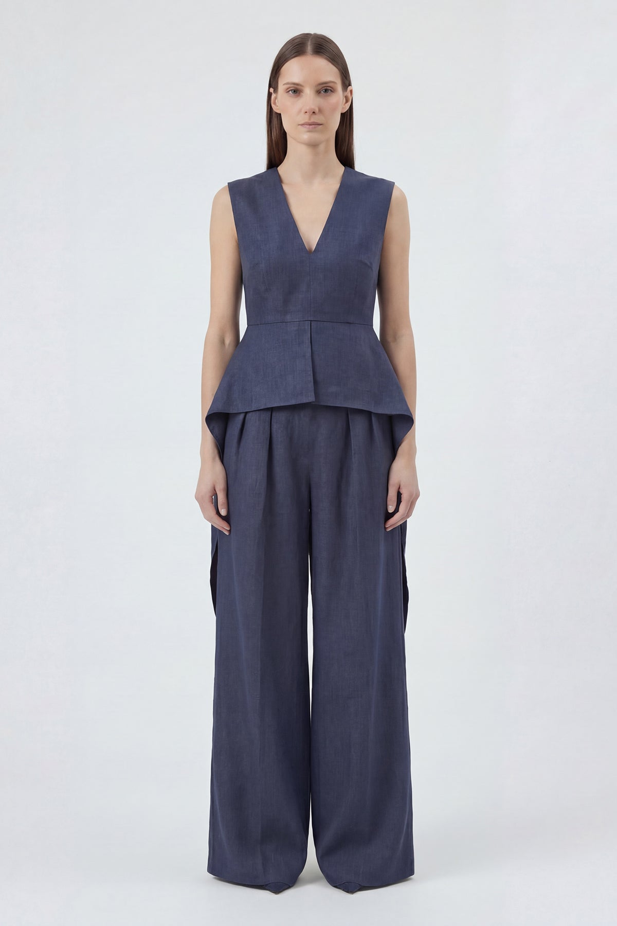 Navy Linen Peplum Top & Wide-Leg Trousers Set