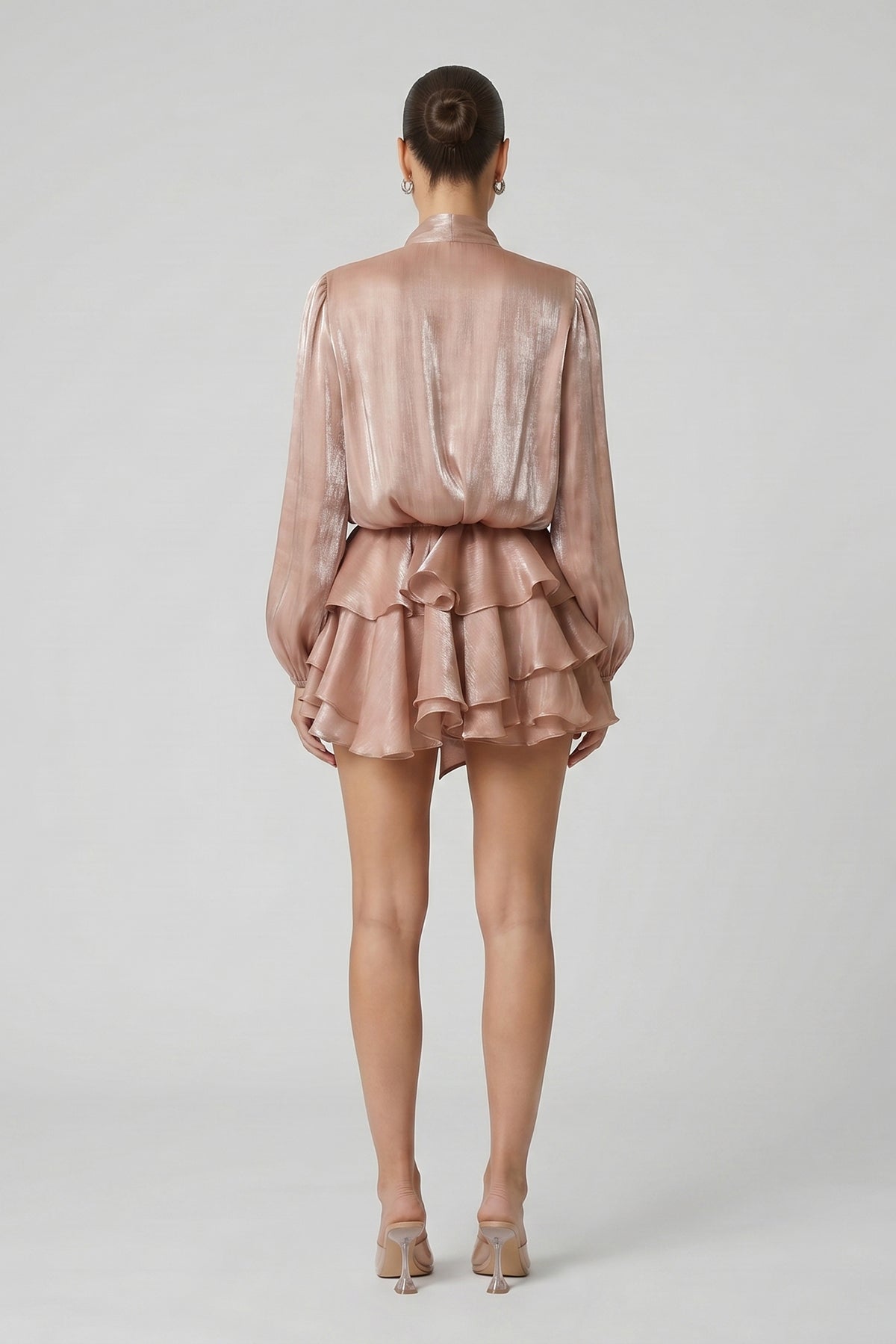 Brown Shimmering Viscose Set with Scarf and Ruffled Skirt