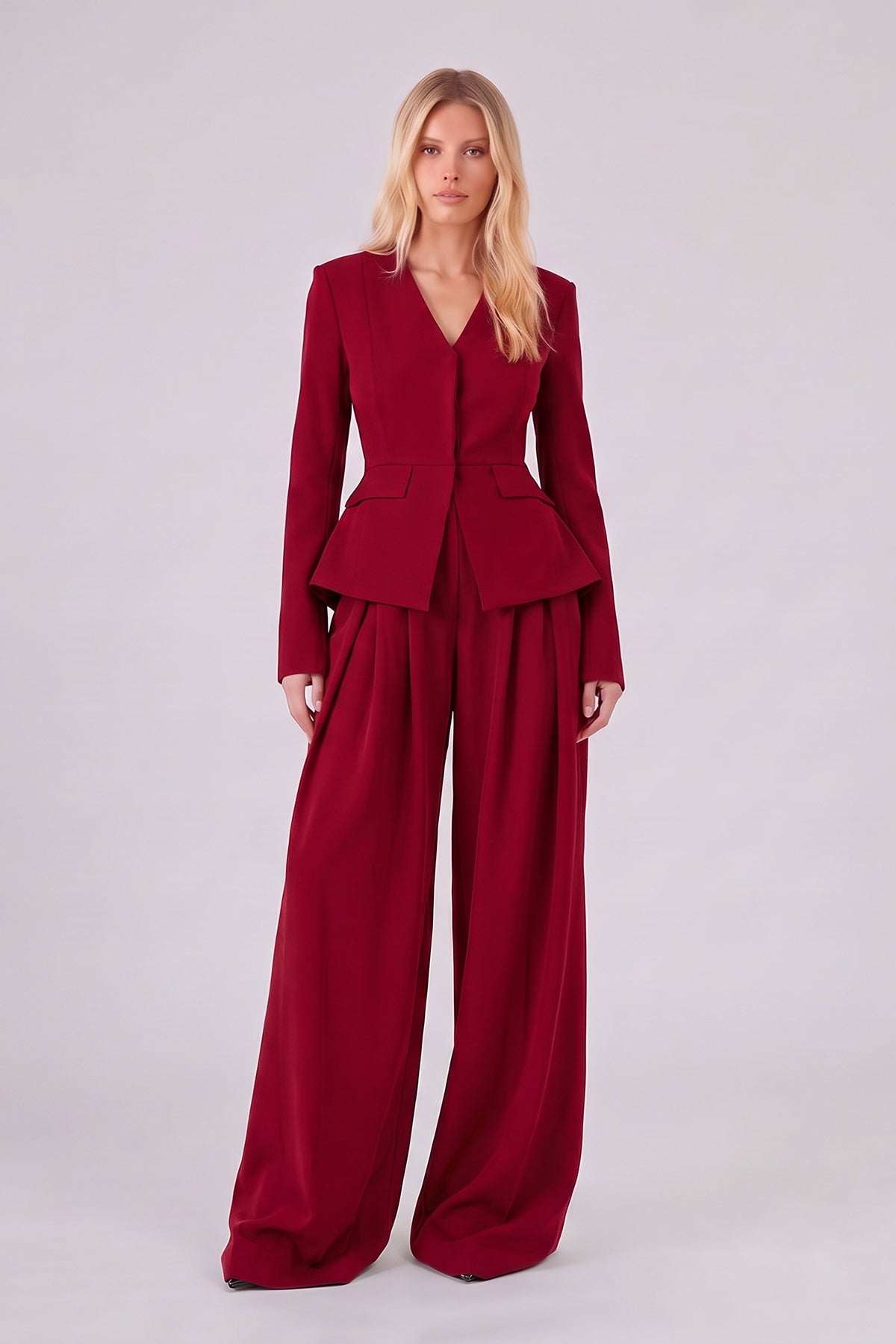 Red Set with Structured Peplum Blazer and Pleated Wide-Leg Trousers