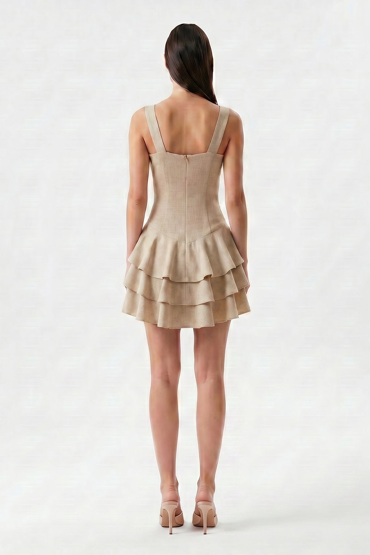 Beige linen mini dress with fitted silhouette and layered ruffle skirt